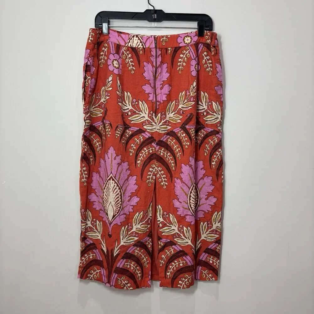 Sundance 100% Linen Pink Floral Midi Skirt P14 Pencil Paisley Lined Boho Beach